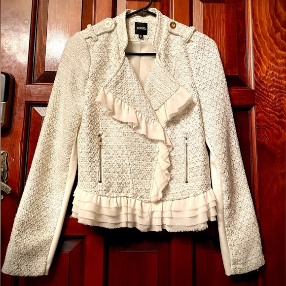 EUC elegant white women’s moto jacket with ruffles size M - Picture 5 of 16